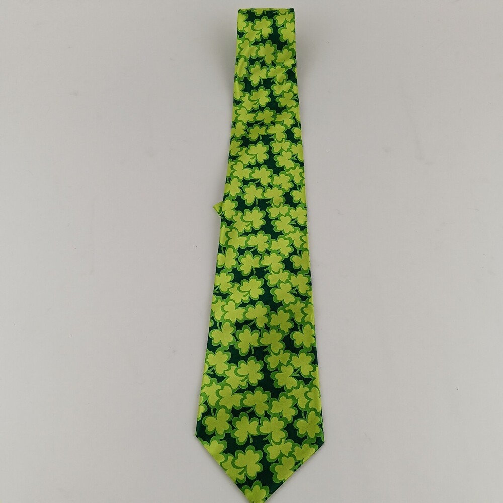Men’s Irish Clover St. Patrick's Day Green Black Neck Tie. Unknown Brand. Used